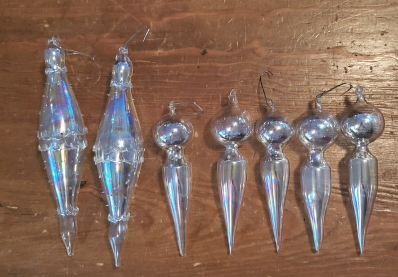 LOT of 7 Iridescent Clear Glass Christmas Ornaments - 2 styles