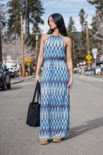 Athleta Blue Ikat Sunset Maxi Halter Dress Small Resortwear Vacation Beach Flowy