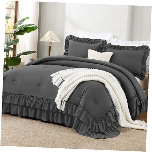 Dark Grey Twin Size Comforter Set(66x90Inch), 2 Pieces(1 Ruffle Comforter and
