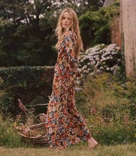 DOEN silk floral elegant retro ruffle edge long sleeved slim fit dress