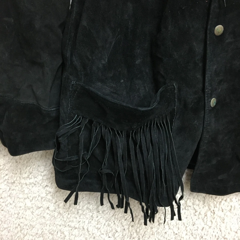 Jaqueta vintage DKNY média adulta couro preto franjas faroeste anos 80 feminina M - Imagem 3 de 4