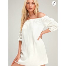 Lulus By the Pier White Off-the-Shoulder Puff Sleeve Mini Dress Size Small