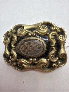 Antique Victorian Mourning Brooch Woven Hair Black Enamel Scroll Pin 925 Fob B6