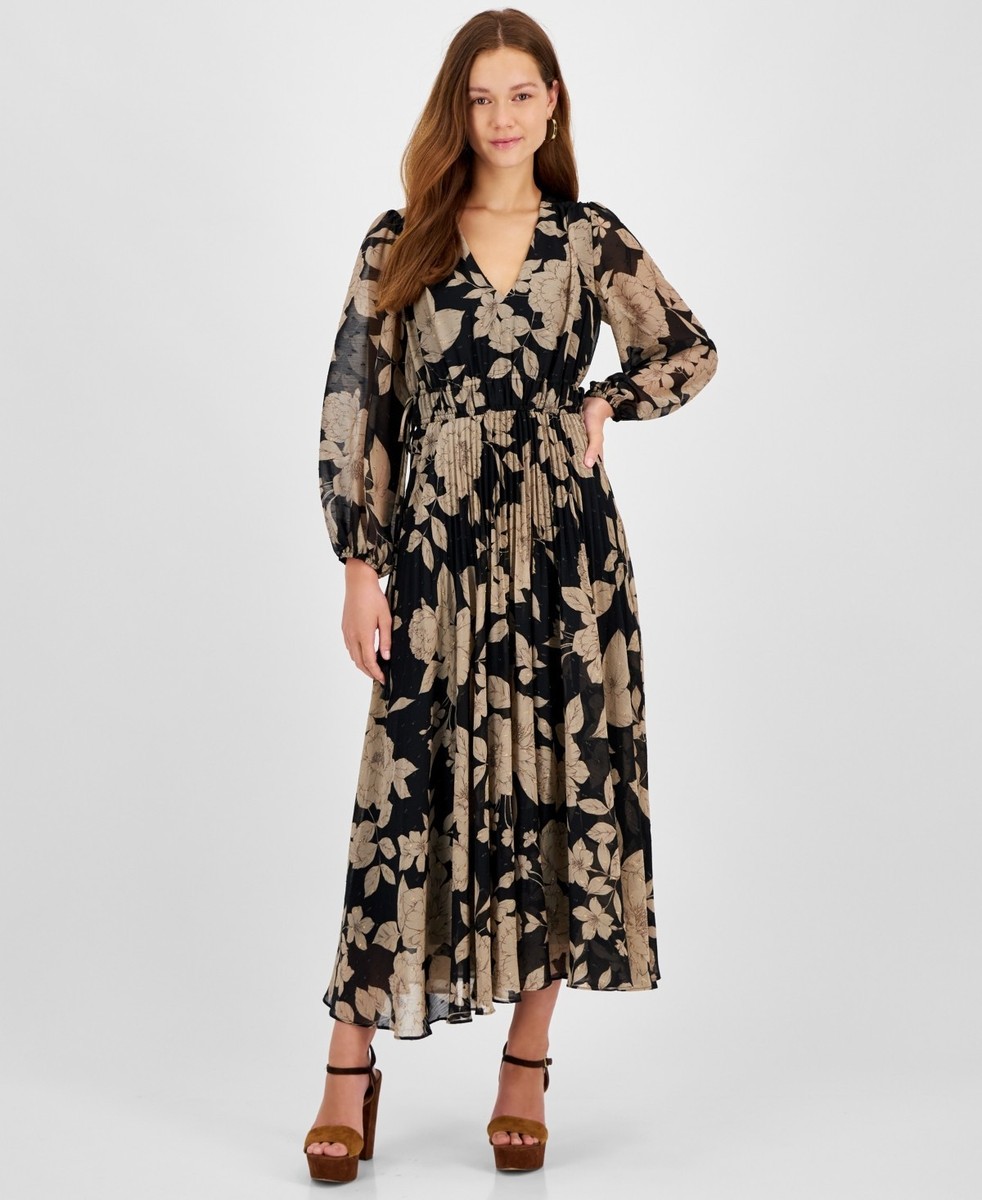 taylor pleated dress Taylor Women's Floral Chiffon V-Neck Pleated Dress - Black Taupe - 8