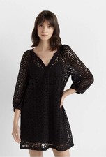 CLUB MONACO Dress Black V Neck Eyelet Balloon Sleeve Peasant Size Small
