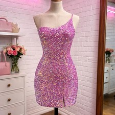 Midnight Doll Purple Gold Sequin One-Shoulder Bodycon Mini Dress Sleeveless L