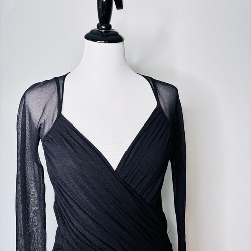 Vintage Fuzzi Kleid Damen Größe L schwarz transparente Ärmel Netz Rüschen Stretch Midi - Bild 3 von 15