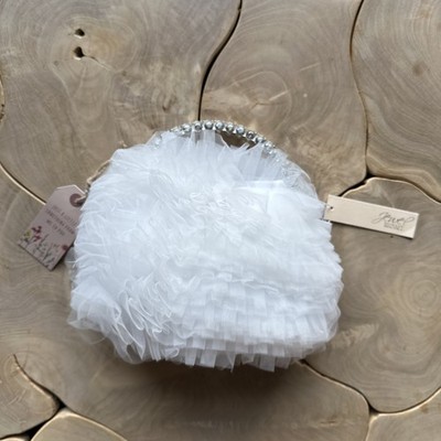 Badgley Mischka Layered Tulle Ruffled Pouch Clutch White Handbag Rhinestone