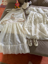 Girls White Lace Eyelet Victorian Dress Slip Bonnet Shoes Set Size S