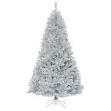 7.5Ft Hinged Unlit Artificial Silver Tinsel Christmas Tree Holiday w/Metal Stand