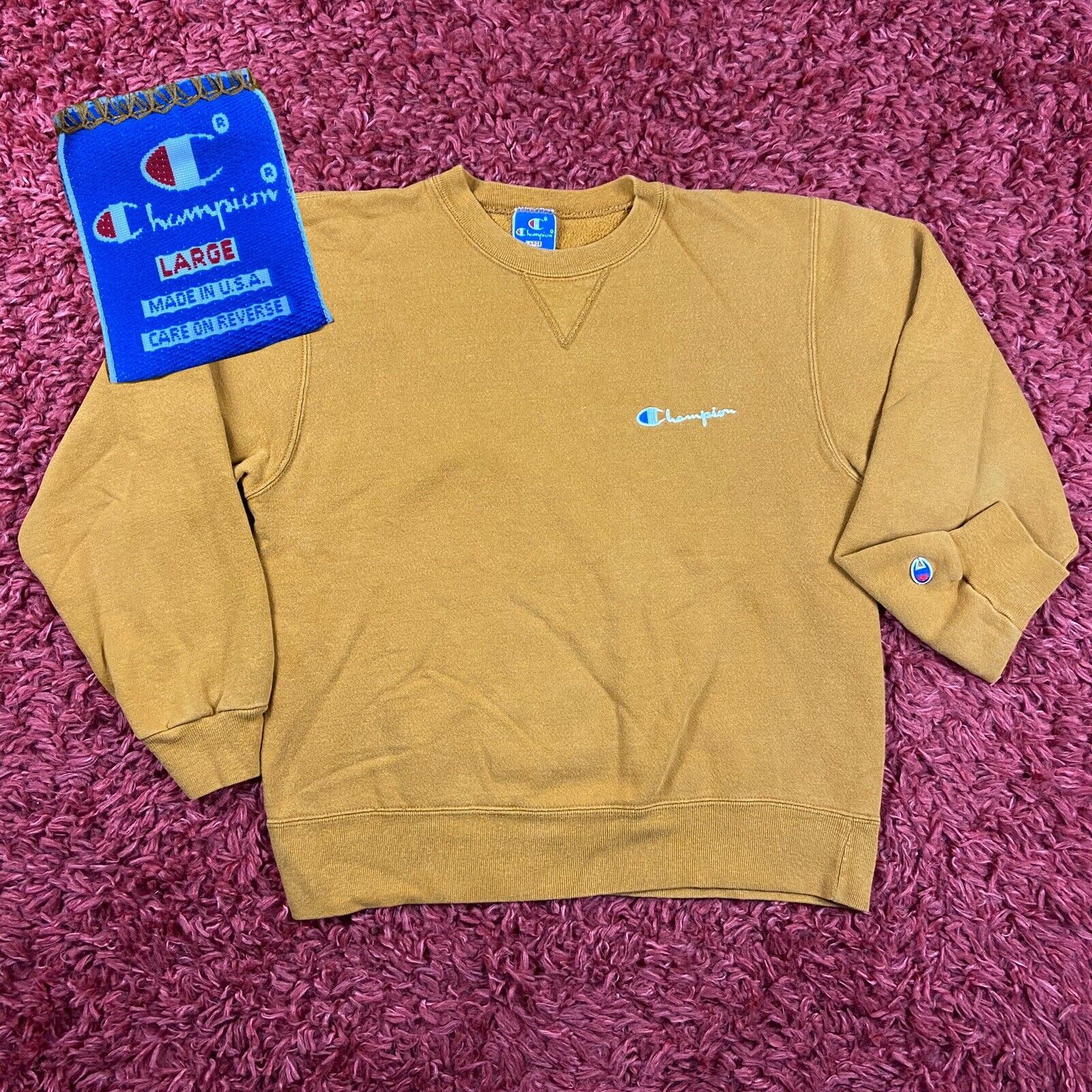 Vintage Champion Yellow Logo Crewneck Sweatshirt Womens Large Made In USA | eBay