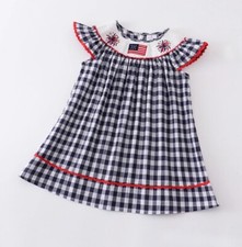 NEW Boutique 4th of July Girls Embroidered Smocked Gingham Plaid Dress