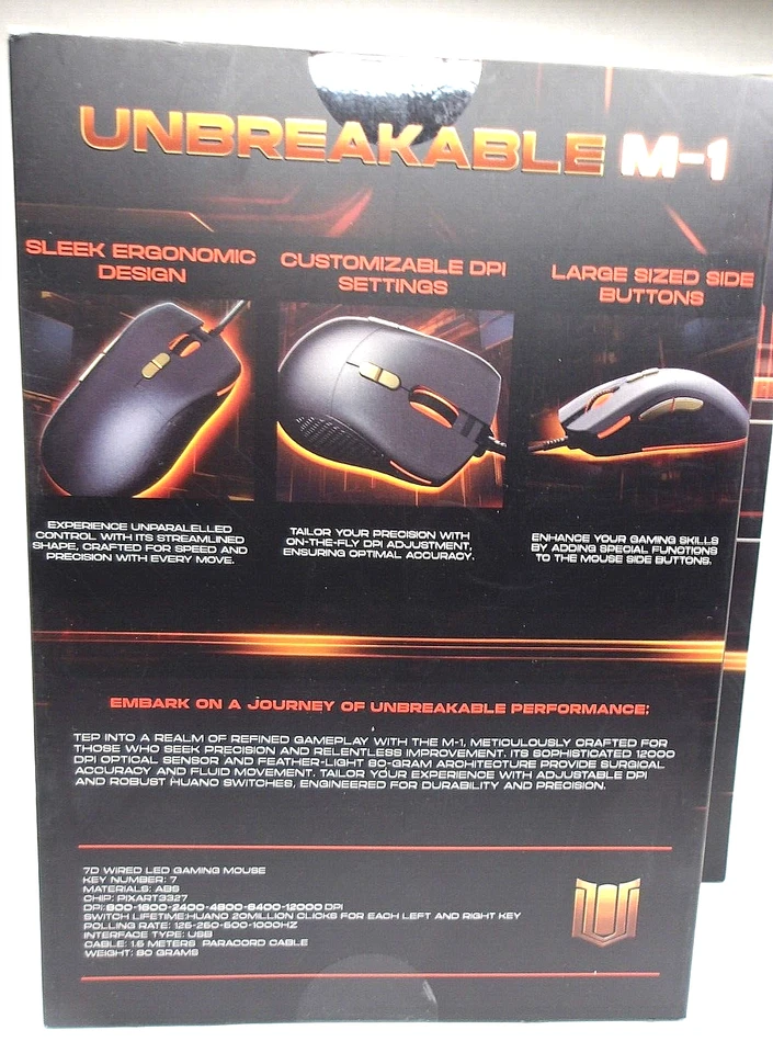 NEW!! UNBREAKABLE M-1 Gaming Mouse LED 12000 DPI, Wired, Set of 2 - Image 4 of 4