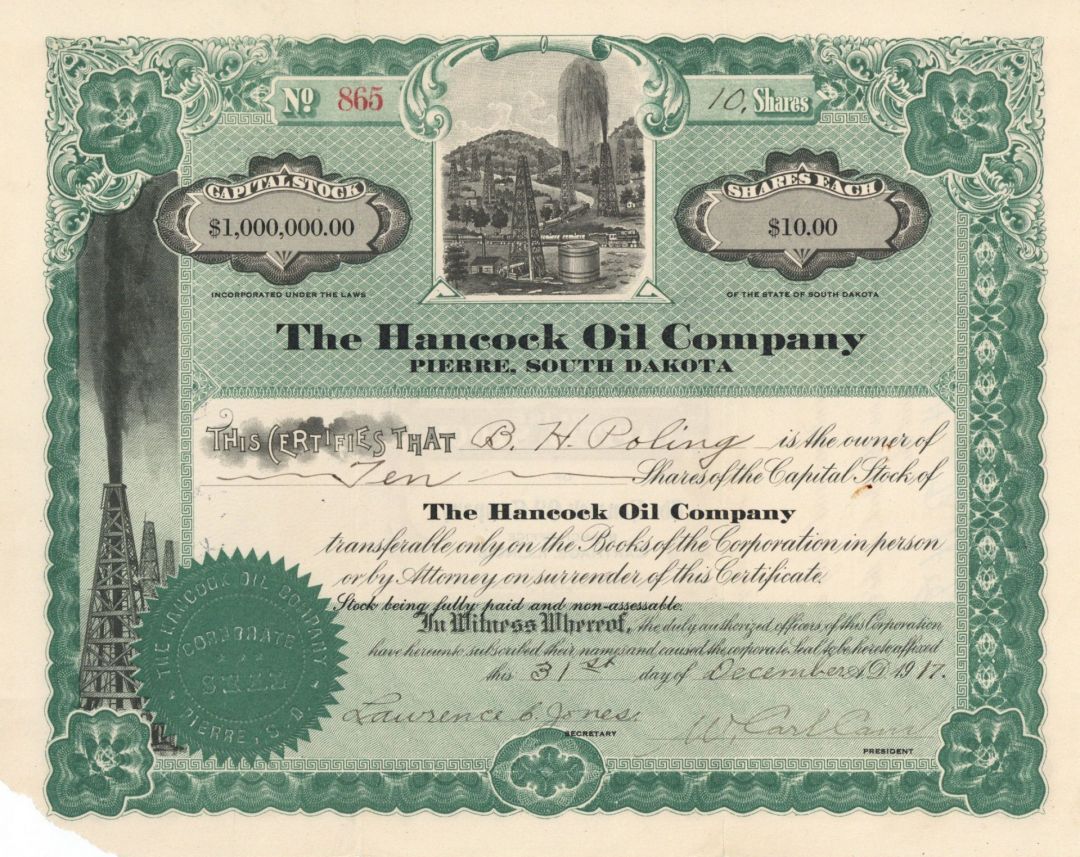 Hancock Oil Co. Stock Certificate Oil Stocks and Bonds eBay