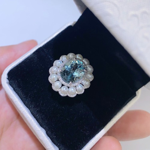 Vintage Estate Natural Pearl Oval Aquamarine Diamond Women Ring 14K White Gold - Picture 7 of 11