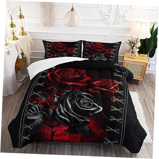 Red Rose Comforter Set Size, 3D Red Floral Bedding Set,Red and Queen Rose59
