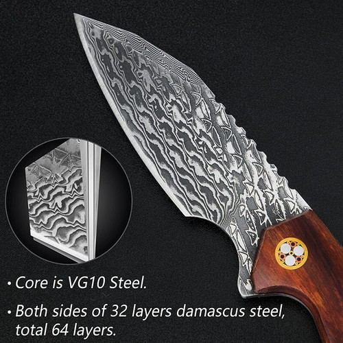 FLISSA Damascus Hunting Knife 8-1/2" Fixed Blade Knife Full-Tang Leather Sheath - Picture 3 of 8