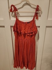 Torrid Sz 0 Women Coral Ruffled Tiered Challis Dress Tassel Tie Summer 12 /14