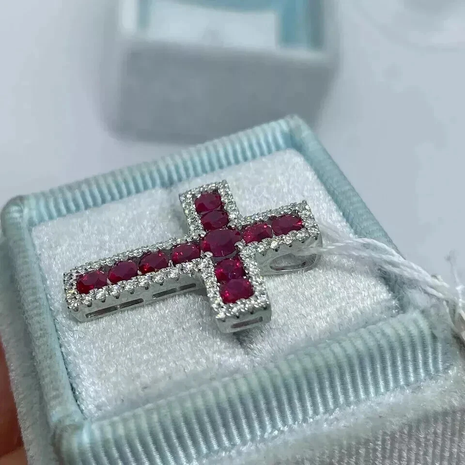 2.5Ct Round Cut Lab Created Red Ruby Cross Wedding Pendant 14K White Gold Plated - Image 2 of 4