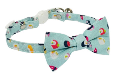 Süßes Sushi Katzenhalsband in mint mit Fliege, Schnellverschluss Sicherheitsschnalle & Glocke