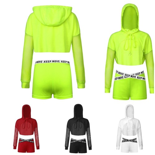 Girls Hip Hop Set Hooded With Shorts Patchwork Dance Outfit Street Crop Top - Picture 1 of 41