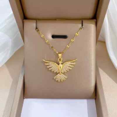 Damen Halskette Vogel Phoenix  Zirkon Anhänger Kette Gold Edelstahl Geschenk