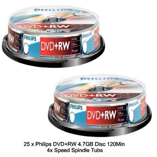 25 Philips DVD+RW 4.7GB Disc 120Min 4x Speed Spindle Tub Rewritable Blank Discs - Picture 5 of 7