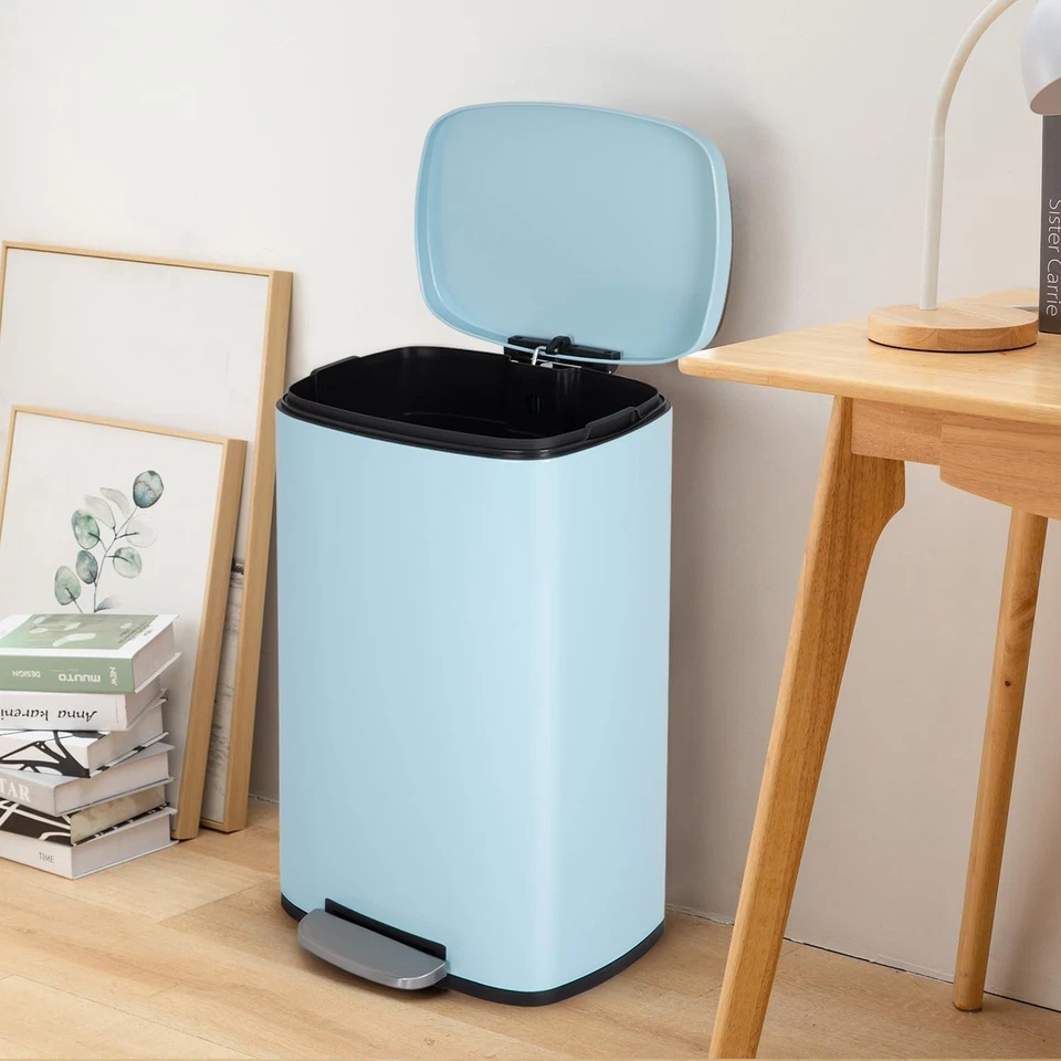 13-Gallon Brushed Stainless Steel Trash Bin with Step Mechanism - Blue Design - Image 4 of 4