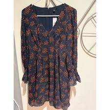 Ann Taylor Navy Long Sleeve Floral Dress with Red Print Size 0 Feminine NWT