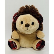 Aurora World Theo Hedgehog Plush Stuffed Animal Red Buffalo Plaid Earmuffs 7"