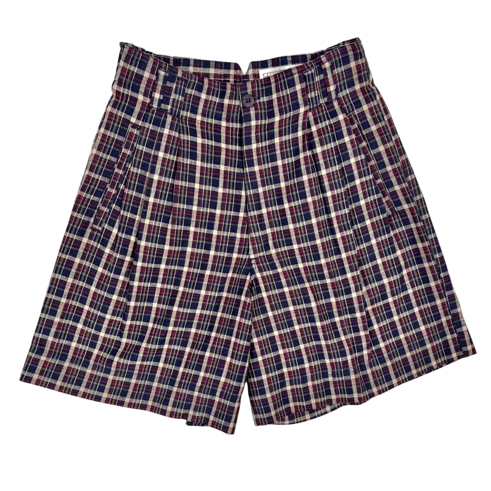 Vintage 90s High Waist Plaid Linen Blend Shorts Size 6 Pleated Tailored Heritage