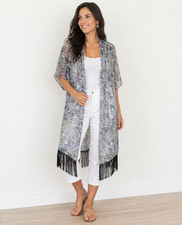 LuLaRoe Simply Comfortable Sheer Fringe Duster Green Floral Beach Cover Up Small