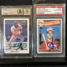 1985 Topps Mark McGwire RC & 1990 Leaf Sammy Sosa Rookie AUTOS LOT: HR RACE 1998