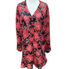 Vintage 90s Victorias Secret Gold Label Red Floral Sleep Shirt Semi Sheer Medium
