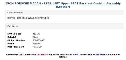 15-24 PORSCHE MACAN - REAR LEFT Upper SEAT Backrest Cushion Assembly (Leather) - Picture 6 of 7