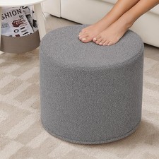 Neutral Grey Round Boucle Fabric Floor Pouf Ottoman Footrest Soft Foam Filled