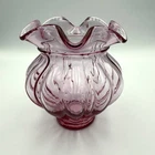 Fenton Cranberry Swirl Art Glass Vase Melon Rib Ruffled Rim Pink 5” Vintage