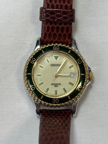 Seiko Sports 50 7N82-0291 R1 Womens Quartz Date Lume Dial Diver Style