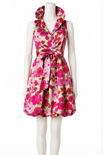 Samuel Dong Wired Collar Bubble Dress Floral Pink Green Sleeveless Size S
