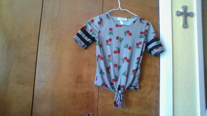 Glitter Girl Size 7/8 Black Stripe Cherry Print Tie-Front Blouse Mesh-Slv Accent