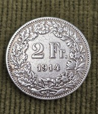 1914 Swiss 2 Francs Silver Coin 0.835 Helvetia KM#21 Bern B Mint