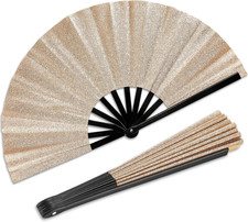 Glitter Champagne Gold Hand Fan Large Folding Hand Fan - Rave Clack Handheld Fan