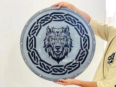 Battle-Worn Fenrir Wolf Viking Shield   Medieval Wooden Round Shield