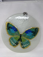 Vintage Large 18  butterfly Circle Painted Glass Wall Hanger Beveled Unique