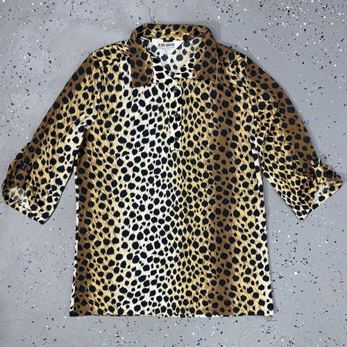 Vintage 70s Cheetah Print Top Blouse Nylon Knit Roll-Tab Sleeves Glam Disco Med - Picture 7 of 13