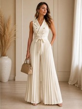 NEW - Elegant Apricot Pleated Wide Leg Jumpsuit Double Breasted, Size XL