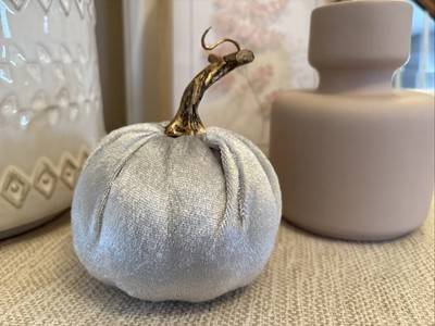 Pumpkin Decoration Silver Gray Velvet Velour Gold Stem Fall Autumn Halloween NEW