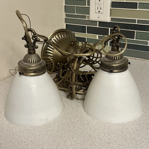 Vintage Mid Century Modern White Milk Glass Dual Hanging Swag Light Pendant Lamp