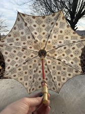 Vintage Child's Umbrella Geometric Cotton Fabric w/ Wooden Figure Handle