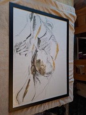 Mixed Media Art Portrait Of A Sleeping Man; Charcoal, Newsprint. Framed.